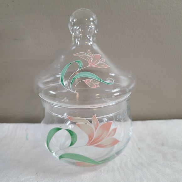 Vintage Clear Glass Vanity Jar Pasabahce Turkey Apothecary Jar Pink Flor… - Picture 2 of 7